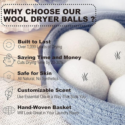 Luxury Natural Wool Dryer Balls, 7-Pack, Save Drying Time and Reduces Clothing Wrinkles, Reusable, Fabric Softener for Laundry, Includes Basket for Easy Access and Aesthetic Laundry Room Decor