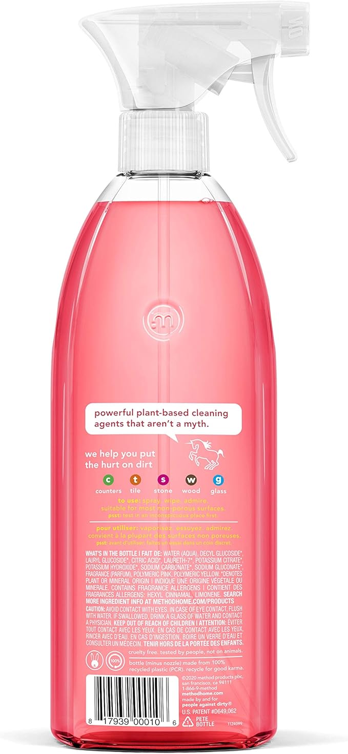 Method All-Purpose Cleaner Spray, Pink Grapefruit, Plant-Based and Biodegradable Formula Perfect for Most Counters, Tiles, Stone, and More, 28 oz Spray Bottles, (Pack of 8)