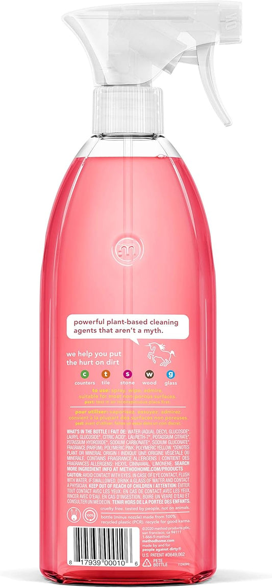 Method All-Purpose Cleaner Spray, Pink Grapefruit, Plant-Based and Biodegradable Formula Perfect for Most Counters, Tiles, Stone, and More, 28 oz Spray Bottles, (Pack of 8)