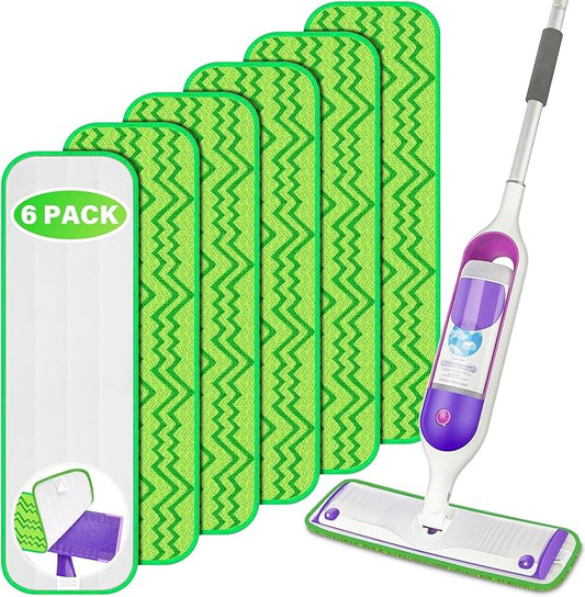 Swiffer PowerMop Compatible Reusable Microfiber Mopping Pad Refills - 6 Pack Washable for Multi-Surface Wood Floor Cleaning, 13-15" Mop, Green