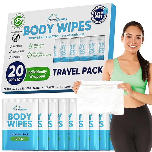Body Wipes for Adults Bathing No Rinse - 20 Count Travel Shower Wipes - 9" x 12" Individually Wrapped Thick Cleansing Waterless Wash Scrubs - Disposable Washcloths for Camping & Elderly Incontinence