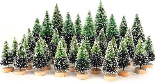 34Pcs Mini Christmas Trees - Artificial Christmas Tree Bottle Brush Trees with 5 Sizes, Snow Trees with Wooden Base for Christmas Decor Christmas Party (Grass Green)