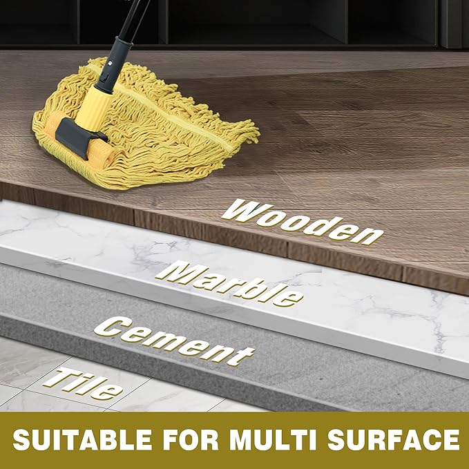 JEHONN Commercial Mop Heavy Duty Industrial String Mops with 57.5 inches Long Handle, Professional Dry Wet Cotton Mop for Cleaning Hardwood Floor Concrete Tile Home Kitchen Office Garage (Yellow)