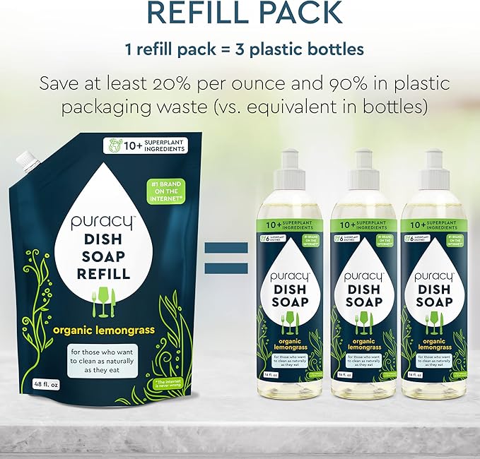Puracy Natural Dish Soap - Skin-Softening Plant-Based Dishwashing Soap, Non-Toxic Dish Soap, Organic Liquid Dishwashing Detergent Soap (Organic Lemongrass, 16 fl oz, 3 Pack)