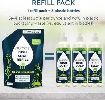 Puracy Natural Dish Soap - Skin-Softening Plant-Based Dishwashing Soap, Non-Toxic Dish Soap, Organic Liquid Dishwashing Detergent Soap (Organic Lemongrass, 16 fl oz, 3 Pack)