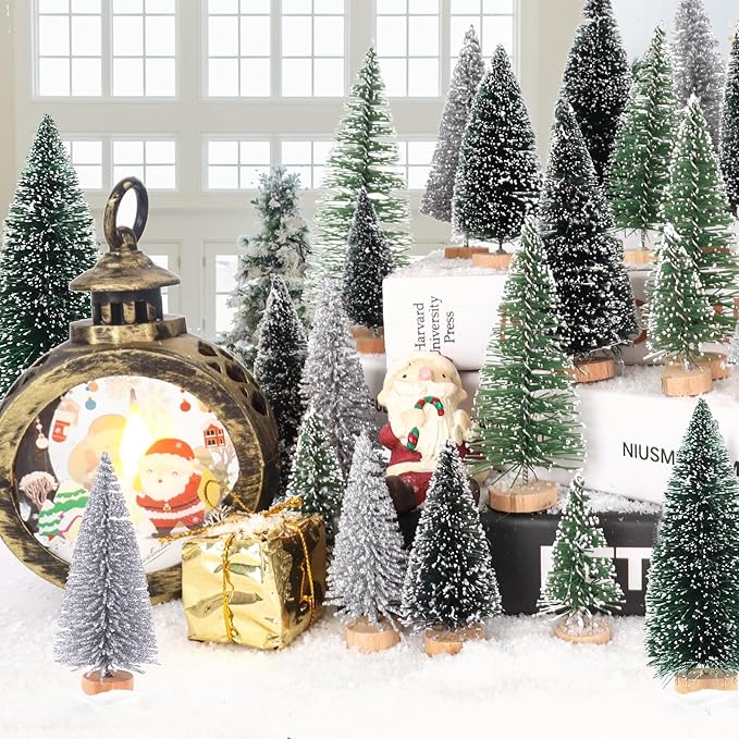 Mini Christmas Tree Christmas Decorations 30Pcs - Bottle Brush Christmas Trees with 5 Sizes, Miniature Pine Trees with Wooden Base for Christmas Party Home Table Craft Decor (Silver+Green+DarkGreen)