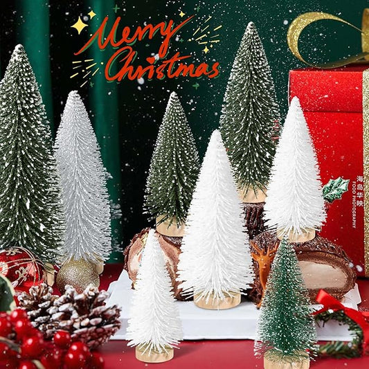 9pcs Mini Christmas Tree Desktop, Artificial Christmas Pine Tree, Mini Bottle Brush Trees Tabletop, Small Sisal Trees with Wooden Bases, Xmas Holiday Decor (Green-Silver-White)