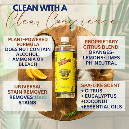 Whip-It All Natural Enzyme Cleaner Stain Fighting Kit - Professional Strength Stain Remover Spray 32oz and Concentrate Multi-Purpose Stain Remover 32oz - Made in the USA