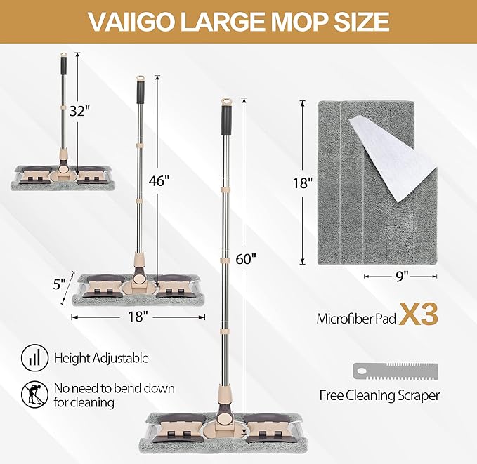 Professional Microfiber Mops for Hardwood Floor Cleaning, 18" Commercial Dust Flat Mops with 3 Reusable Pads and Adjustable Handle, For Home, Office, Hotel Wet or Dry Floor Cleaning