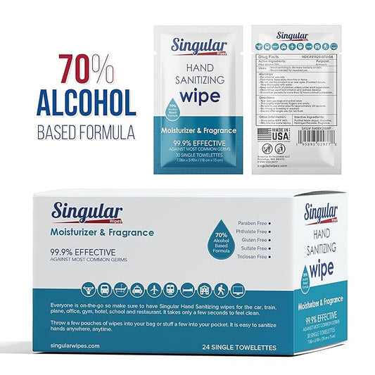 Hand Sanitizing Wipes Travel Size by Singular Wipes - Hand Sanitizer Wipes Individually Wrapped with Fresh Citrus Fragrance & Moisturizer for Travel, Office, School, and Daily Activities - (24ct Box)