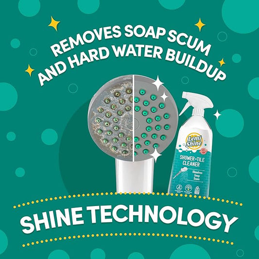 Lemi Shine Shower + Tile Cleaner | Removes Soap Scum & Hard Water Stains | Bathroom Cleaner Spray for Tub, Shower, Sink, and Tile Cleaning | Powered By Citric Acid | Fresh Lemon Scent, 28 oz. (3 Pack)