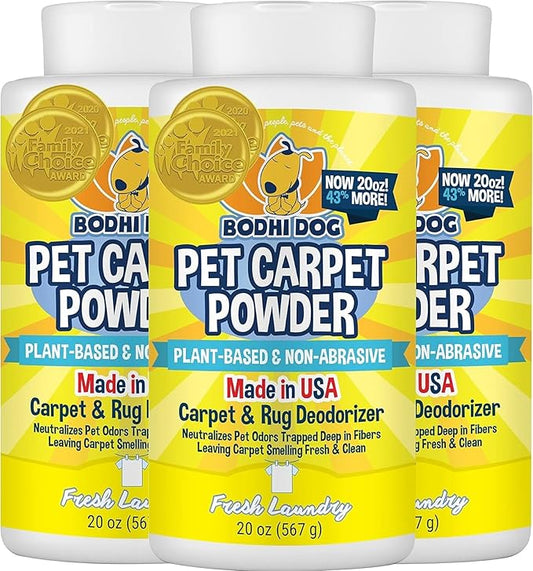 Bodhi Dog Natural Carpet Powder - Dry Pet Smell Eliminator & Urine Odor Remover - Loosens Fur & Dirt - Plant-Based and Biodegradable Room Freshener for Home with Pets - Fresh Laundry (Pack of 3)