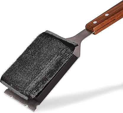 Grill Scrubber and Scraper for Barbecue with Replaceable Scrubber Head – Grill Cleaner for Outdoor Grill with Extended 16” Large Wooden Handle -No Scratch on Grill by Dhampooh