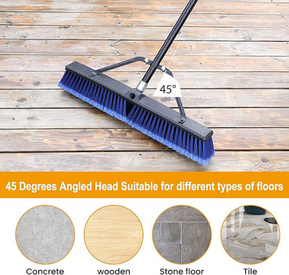 24 inches Push Broom Outdoor Heavy Duty Broom for Deck Driveway Garage Yard Patio Concrete Floor Cleaning-Blue