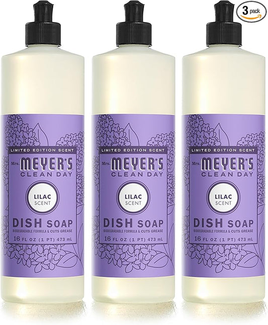 MRS. MEYER'S CLEAN DAY Liquid Dish Soap, Lilac Scent, 16 Ounce Bottle (Pack of 3)