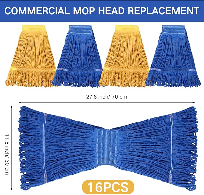 Roshtia 16 Pack Commercial Mop Head Replacements Looped End Wet Heavy Duty Mop Heads Cotton String Mops Industrial Cleaning Refills for Commercial Industrial Home(Blue, Yellow)
