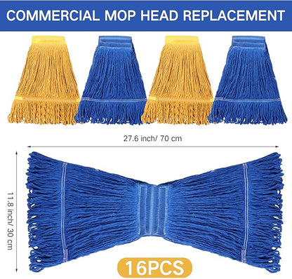 Roshtia 16 Pack Commercial Mop Head Replacements Looped End Wet Heavy Duty Mop Heads Cotton String Mops Industrial Cleaning Refills for Commercial Industrial Home(Blue, Yellow)