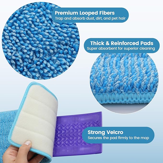 6 Pack Reusable Microfiber Mop Pads Compatible with Swiffer PowerMop, Machine Washable Replacement Pads for 13"-15" Spray Mop, Dry Wet Mopping Cloths Compatible with Multiple Floor Types