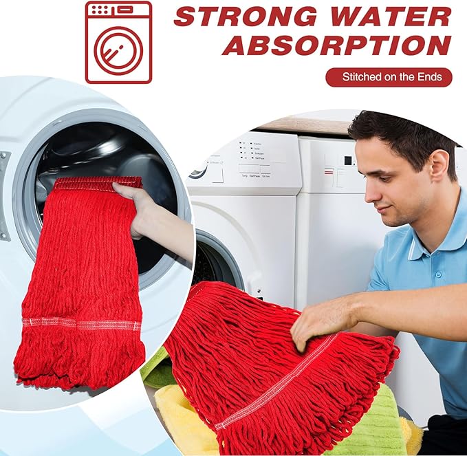Roshtia 16 Pack Commercial Mop Head Replacements Looped End Wet Heavy Duty Mop Heads Cotton String Mops Industrial Cleaning Refills for Commercial Industrial Home(Red)