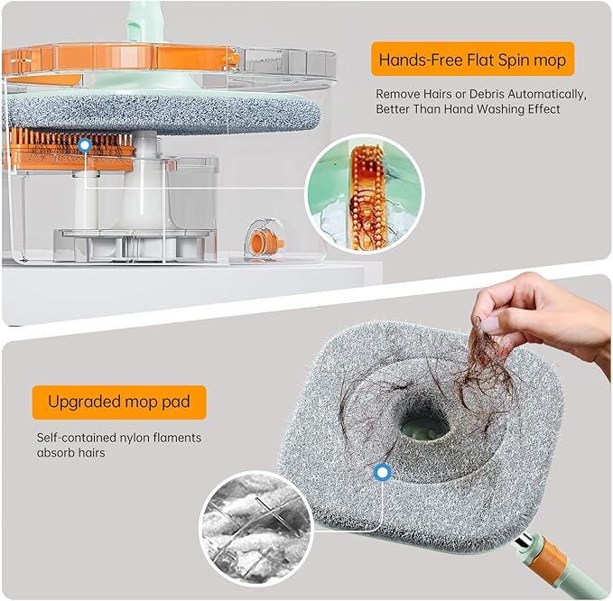 Spin Mop and Bucket with 2 Microfibra Replaceable Mop Pads, Self Separation Dirty and Clean Water System Self Wringing 360° Rotating Square Mop-Head (1 Bucket + 52'' Mop + 2 Microfibra Pads)