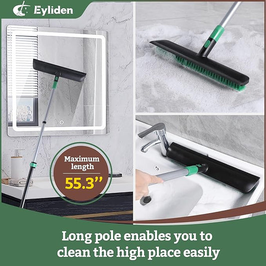 Eyliden Floor Scrub Brush with Long Handle, 15" Extra Wide Head - 30% Faster Cleaning, 2 in 1 Scrape Brushes Stiff Bristle Shower Scrubber for Deck Kitchen Bathroom Tub Patio Tile Wall