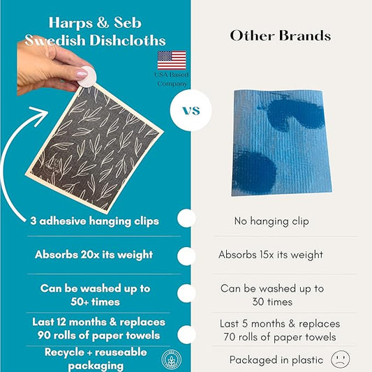 Harps&Seb Swedish Dishcloths - 6 Pack, Reusable Kitchen Dish Towels with Clips, Super Absorbent, Non-Scratch, Biodegradable