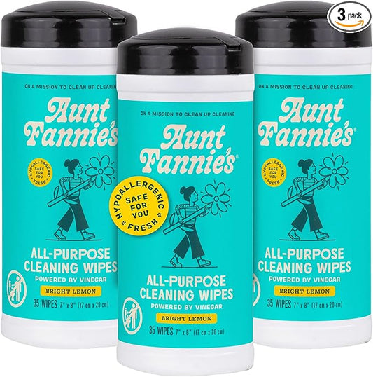 Aunt Fannie's Natural Cleaning Vinegar Wipes, Multipurpose Surface Cleaner, Bright Lemon Scent, 35 Count (Pack of 3)