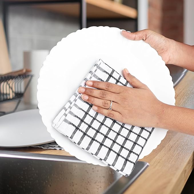 100% Cotton Dish Cloths (Pack of 6) - Dish Rags for Washing Dishes - Reusable & Highly Absorbent Kitchen Towels - Multipurpose Kitchen Rags - (12" x 12" - Black Checkered)