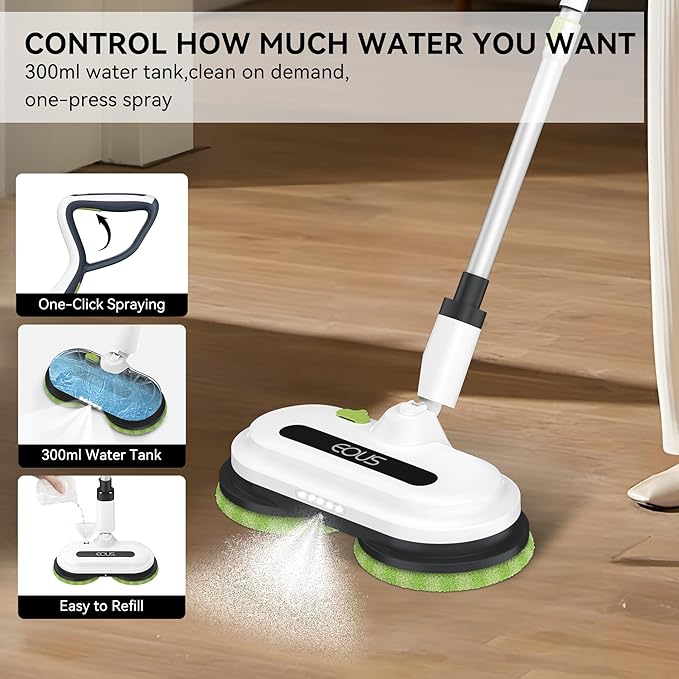 EOUS Cordless Electric Mop, Electric Mops for Floor Cleaning, Powerful Spin Mop with LED Headlight, Water Spray, Up to 60 mins Floor Scrubber with 300ml Water Tank, Detachable Battery, Multi-Surface