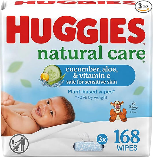 Huggies Natural Care Cucumber, Aloe and Vitamin E Baby Wipes, Hypoallergenic, Scented, 3 Flip-Top Packs (168 Wipes Total), Packaging May Vary