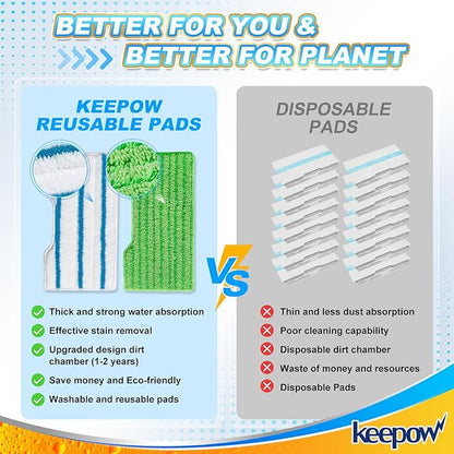 KEEPOW Reusable Mop Replacement Pads Compatible with Shark Vac Mop VM252 VM200 VC205 VM250 /QM250 VM190 VM200P12, Washable Vacuum Mop Pad Refills, Upgraded Design of Dirt Chamber (1+2+2+2 Pads)