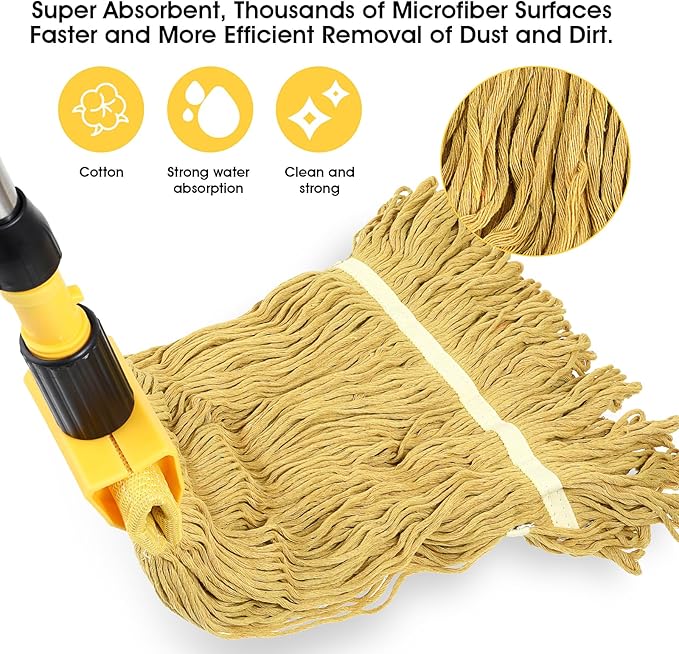 Commercial Mop, Looped-End String Industrial Mop, Heavy Duty Mops with 2 String Mop Heads for Floor Cleaning, Blue and Yellow