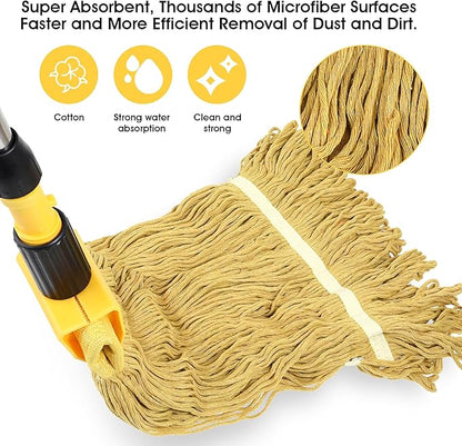 Commercial Mop, Looped-End String Industrial Mop, Heavy Duty Mops with 2 String Mop Heads for Floor Cleaning, Blue and Yellow