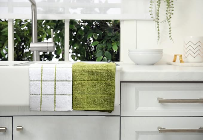 100% Cotton Dish Cloth for Dish Washing, Terry Dish Cloth, Cotton Dish Rags, 8 Pack, Super Soft and Absorbent,12"x12" inches, Reusable Cleaning Cloth, Green Dish Cloth (Solid and Checks)