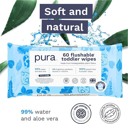 Pura Flushable Toddler Wipes 3 x 60 Wipes (180 Wipes), 100% Plastic Free, 99% Water, Hypoallergenic & Fragrance Free, Totally Chlorine Free, Kids Toilet Wipes, Potty Training