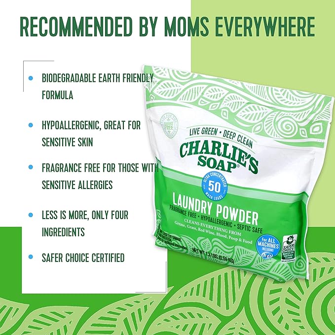 Charlie's Soap - Unscented Laundry Powder 50 Loads (Six 50-load Bags, 300 Total Loads)