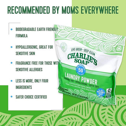 Charlie's Soap - Unscented Laundry Powder 50 Loads (Six 50-load Bags, 300 Total Loads)