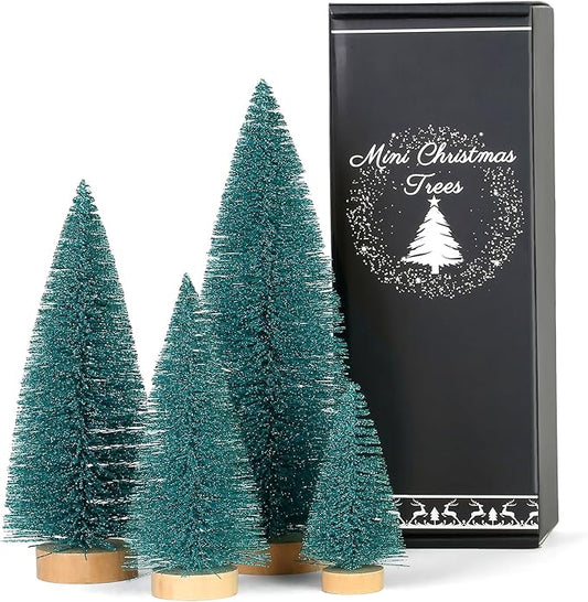 SITUMEIZI Blue Bottle Brush Christmas Trees Bluish Green Small Christmas Tree Gifts 4 Pc Mini Xmas Bottle Brush Trees for Christmas Decor