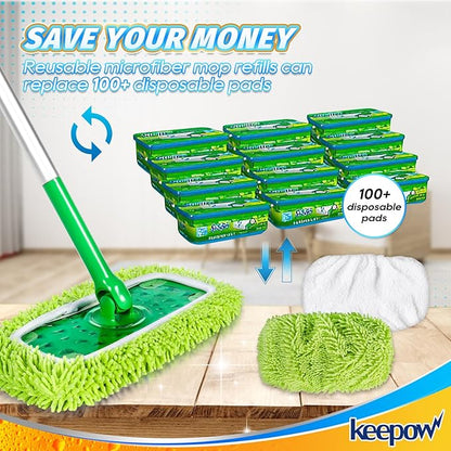 KEEPOW Reusable Dry Sweeping Cloths Compatible with Swiffer Sweeper, Wet Mopping Cloths Washable Microfiber Mop Pads Refills for Hard-Surface/Hardwood Floor Cleaning, 2-Pack (Mop is Not Included)
