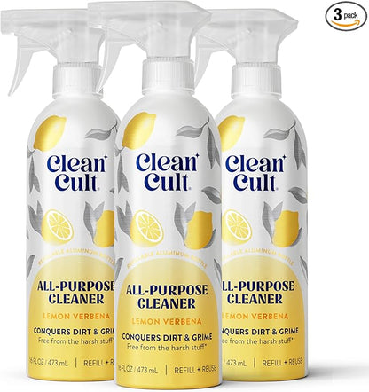 Cleancult - Lemon Verbena - All Purpose Cleaner - Refillable Aluminum Bottle - Cleaner Spray that Removes Dirty & Grime - 16 oz - 3 Pack
