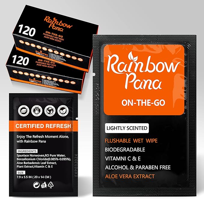 RainbowPana 240 Count Flushable Wipes for Men: ON-THE-GO, Individually Wrapped | Butt Wipes, Travel Wipes | Lightly Scented - Vitamin C, E, Aloe, Plant Extract | Hypoallergenic, Sensitive Skin