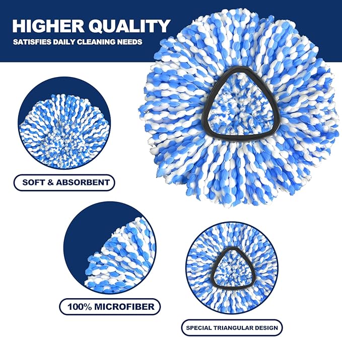 Spin Mop Replacement Head RinseClean 2-Tank System, 4 Pack Mop Head Replacement, Microfiber, Machine Washable, Easy to Replace and Deep Cleaning (NOT for 1-Tank System)