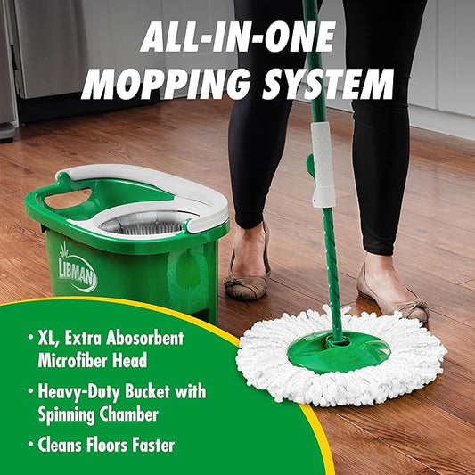 Libman Tornado Spin Mop System - Mop and Bucket with Wringer Set for Floor Cleaning - 2 Total Mop Heads Included, Green