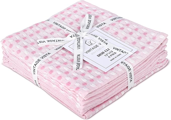 100% Cotton Dish Cloths (Pack of 6) - Dish Rags for Washing Dishes - Reusable & Highly Absorbent Kitchen Towels - Multipurpose Kitchen Rags - (12" x 12" - Pink Honeycomb)