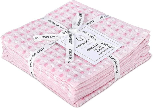 100% Cotton Dish Cloths (Pack of 6) - Dish Rags for Washing Dishes - Reusable & Highly Absorbent Kitchen Towels - Multipurpose Kitchen Rags - (12" x 12" - Pink Honeycomb)