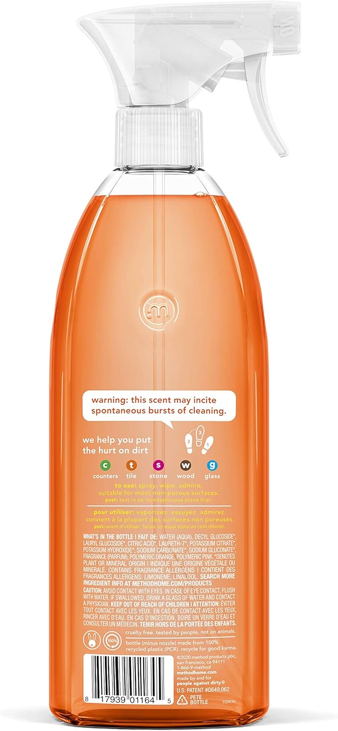 Method All-Purpose Cleaner Spray, Clementine, Plant-Based and Biodegradable Formula Perfect for Most Counters, Tiles, Stone, and More, 28 oz Spray Bottles, (Pack of 2)