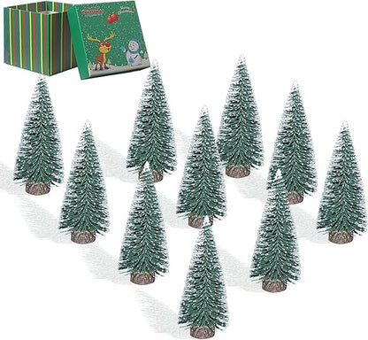 10PCS 4inch Mini Snow Frost Trees Mini Christmas Tree Plastic Winter Snow Ornaments Tabletop Trees for Holiday Party DIY Room Decor Home Table Top Christmas Decoration (Green)