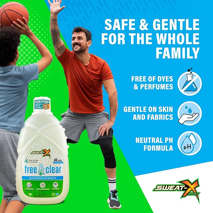 Sweat X Free & Clear Activewear Laundry Detergent – Certified Asthma & Allergy Friendly® – Hypoallergenic – Remove the Worst Odors & Toughest Stains – High-Performance Sports Wash – 45 Loads – 2 Pack