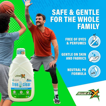 Sweat X Free & Clear Activewear Laundry Detergent – Certified Asthma & Allergy Friendly® – Hypoallergenic – Remove the Worst Odors & Toughest Stains – High-Performance Sports Wash – 45 Loads – 2 Pack
