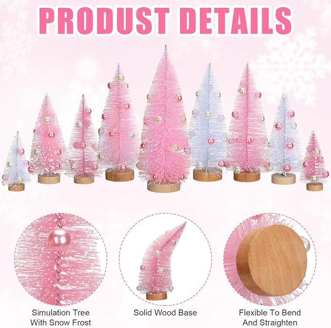 Leyndo 9 Pcs Pink Pearl Color Mini Sisal Bottle Brush Trees Small Artificial Christmas Tree with Wood Base Christmas Pine Decor for Winter Home Table Party Decor